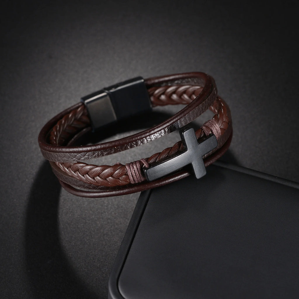 Men’s Multi Layer Leather Cross Bracelet – Braided Stainless Steel Prayer Wristband