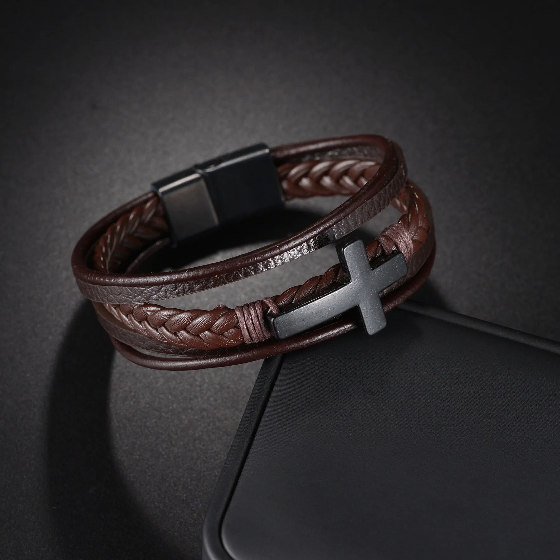 Men’s Multi Layer Leather Cross Bracelet – Braided Stainless Steel Prayer Wristband