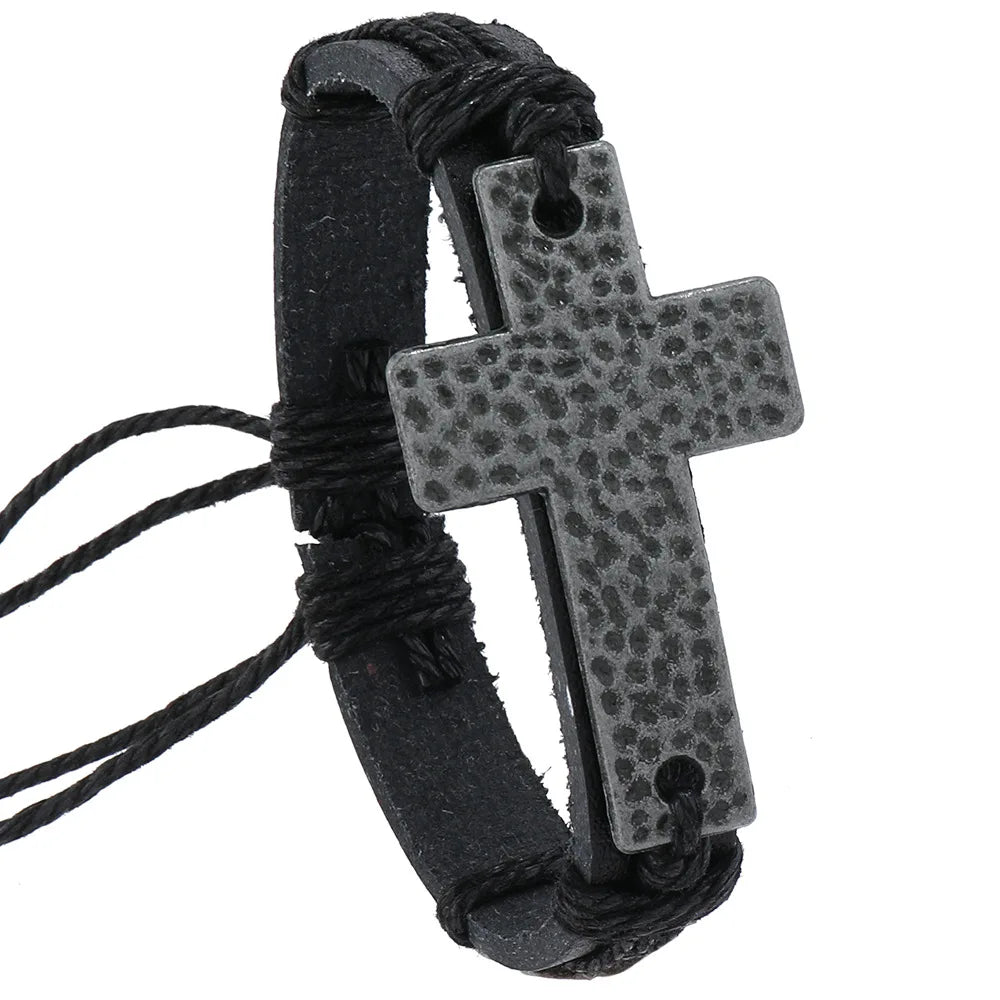 Women’s Vintage Cross Leather Bracelet – Black Brown Braided Christian Jewelry Bangle