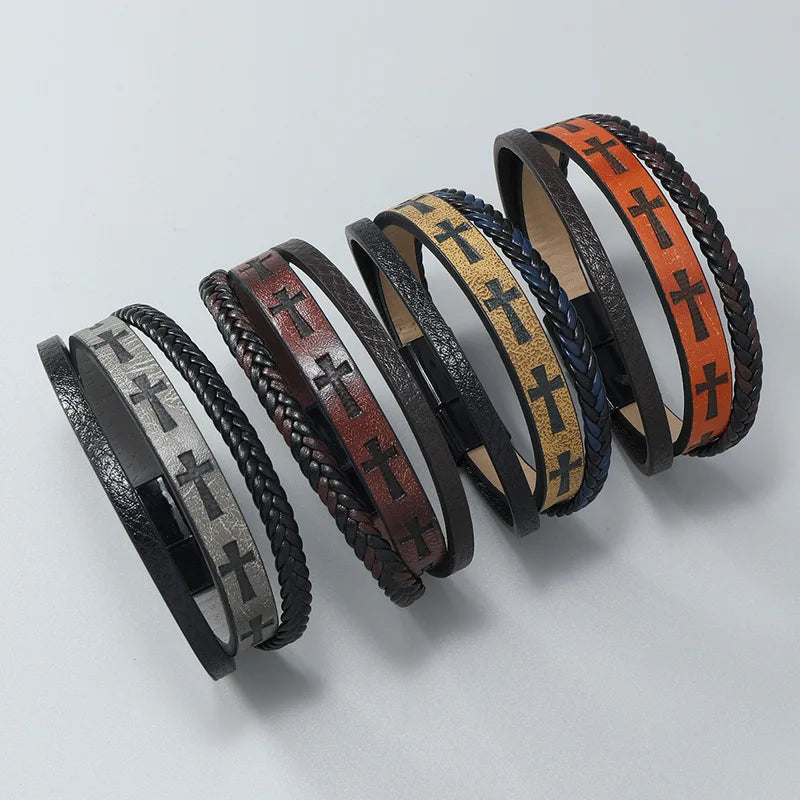 Black Leather Cross Cuff Bracelet – Unique Punk Vintage Men Wristband