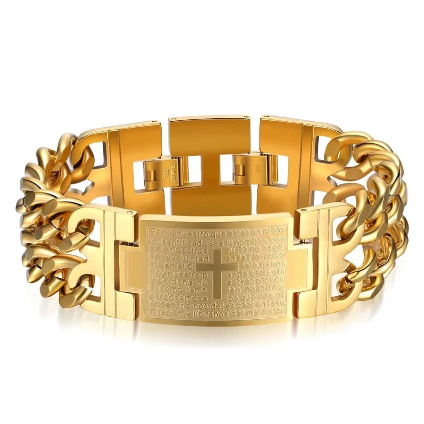 Men’s Stainless Steel Cuban Chain Cross Bracelet – Masculine Christian Hand Jewelry