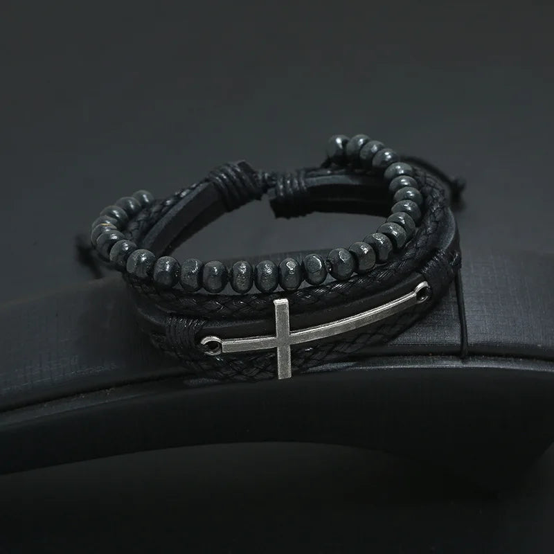 Men’s Retro Cross Layer Bracelet – Hand Woven Black Cowhide Leather Jewelry