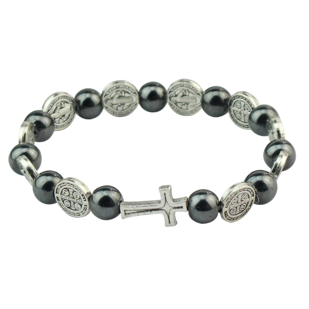 Catholic Rosary St. Benedict Medal Cross Prayer Bracelet – Hematite Religion Jewelry