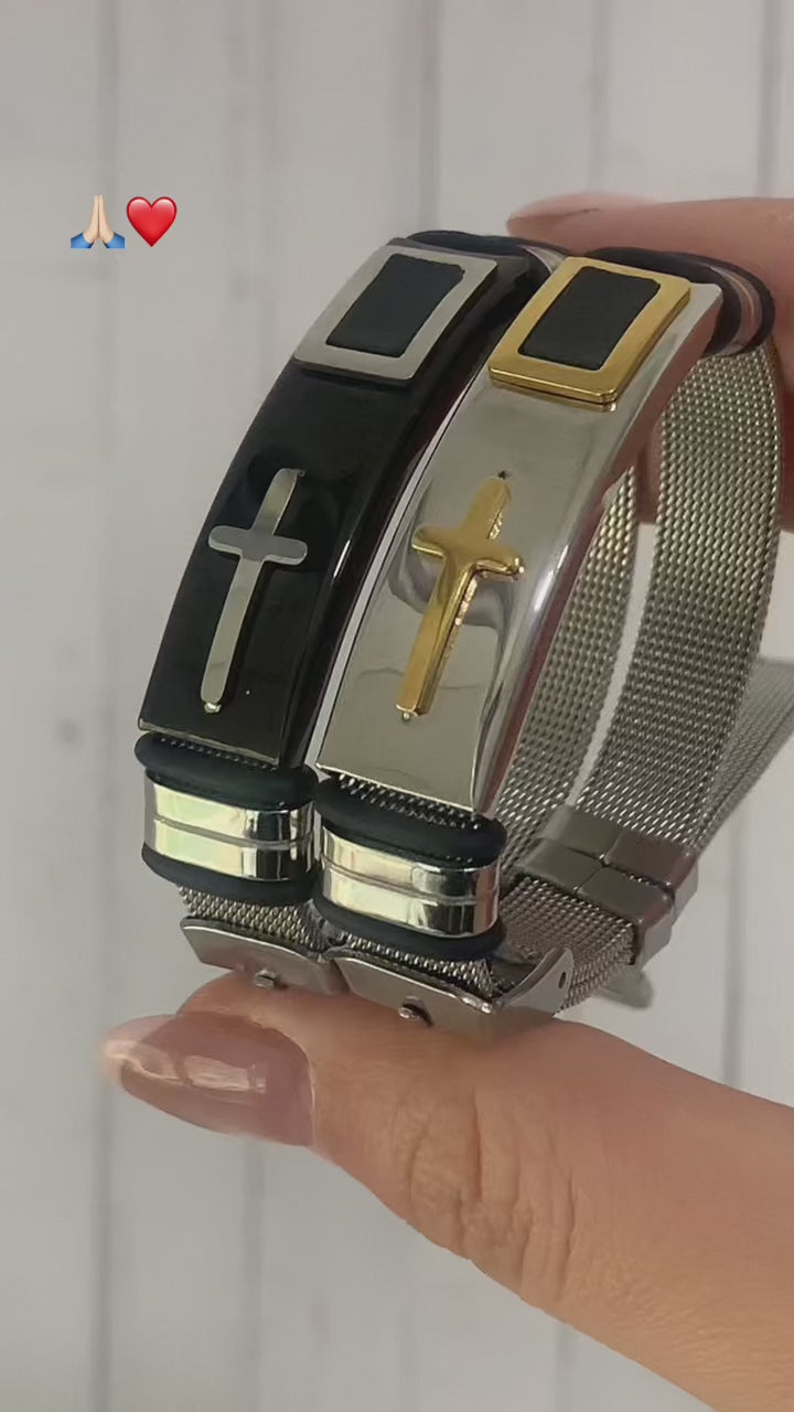 Men’s Sleek Stainless Steel Cross Mesh Bracelet – Modern Christian Faith Bracelet